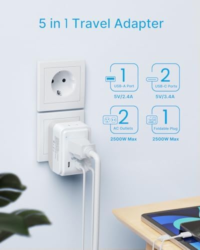 2 Pack European Travel Plug Adapter, VINTAR Foldable International Power Adapter with 2 AC Outlets 3 USB Charging Ports(2 USB C), Type C Power Adaptor to Most Europe Italy Spain France Iceland Germany - Image 5