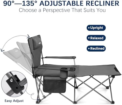 apollo walker Camping Chairs for Adults - 6 Legged Beach Chair with Foot Rest, Adjustable 90° - 135° Reclining Lounge Chair Outdoor, Folding Chairs for Outside with Detachable Pillow & Carry Bag Grey - Image 4