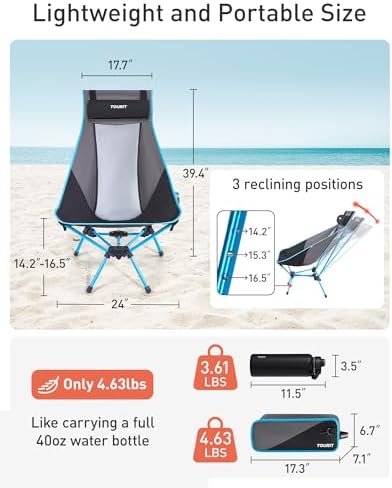 TOURIT Portable Folding Camping Backpack Chair with Head Support, High Back Stable Compact Outdoor Chair for Beach Picnic Travel Hiking, Supports 380 Lbs, Black - Image 2
