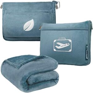 PAVILIA Travel Blanket Pillow in Soft Bag with Pockets, Airplane Blanket Set, Plane Blanket Compact Packable, Flight Essentials Car Pillow, Travelers Accessories Gifts, Luggage Strap, Dusty Light Blue