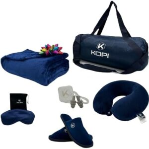 KOPI- Travel Blanket and Pillow. The Most Complete and Premium Travel Set with Pillow Memory Foam, Sleep mask, and More, Including a complimentary Soft Blanket, Best Gifts for Women and Men.