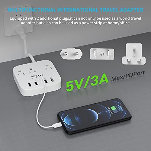 European Travel Plug Adapter, FOVAL EU UK US Power Strip with USB C and 4 USB Ports, 3 AC Outlets, Wall Mountable, 5ft Extension Cord, Compact for Travel, Cruise Ship, Home Office (White) - Image 5
