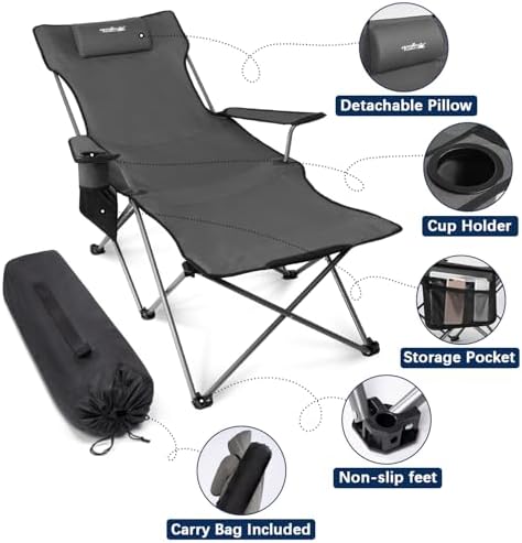 apollo walker Camping Chairs for Adults - 6 Legged Beach Chair with Foot Rest, Adjustable 90° - 135° Reclining Lounge Chair Outdoor, Folding Chairs for Outside with Detachable Pillow & Carry Bag Grey - Image 6