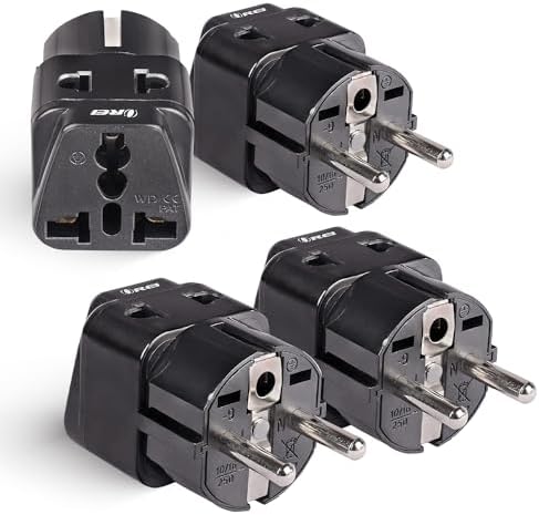 OREI European Adapter Plug, Travel Adaptor for Europe Schuko Countries 2 in 1, for Germany France Iceland Netherlands Russa Greece Spain - Safe Grounded Connection - Universal Socket - 4 Pack