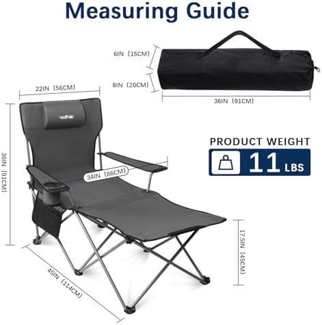 apollo walker Camping Chairs for Adults - 6 Legged Beach Chair with Foot Rest, Adjustable 90° - 135° Reclining Lounge Chair Outdoor, Folding Chairs for Outside with Detachable Pillow & Carry Bag Grey - Image 3