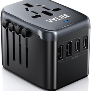 Universal International Power Travel Plug Adapter, 5 in 1 European Travel Plug Adapter W/ 3.5A 2xUSB-A and 2xUSB C Wall Charger and Worldwide AC Outlet for Europe USA UK AUS Asia (Black Grey)