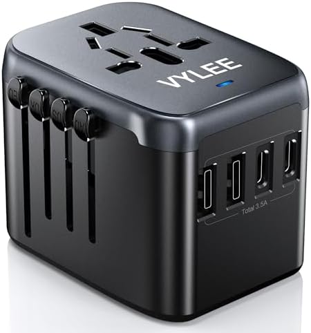 Universal International Power Travel Plug Adapter, 5 in 1 European Travel Plug Adapter W/ 3.5A 2xUSB-A and 2xUSB C Wall Charger and Worldwide AC Outlet for Europe USA UK AUS Asia (Black Grey)