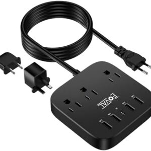 European Travel Plug Adapter, FOVAL EU UK US Power Strip with USB C and 4 USB Ports, 3 AC Outlets, Wall Mountable, 5ft Extension Cord, Compact for Travel, Cruise Ship, Home Office (Black)