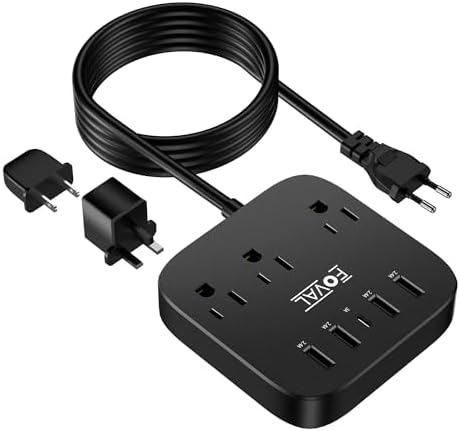 European Travel Plug Adapter, FOVAL EU UK US Power Strip with USB C and 4 USB Ports, 3 AC Outlets, Wall Mountable, 5ft Extension Cord, Compact for Travel, Cruise Ship, Home Office (Black)