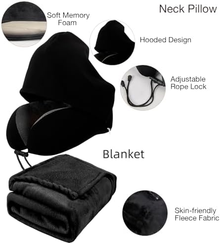 Travel Blanket Pillow Set - Travel Neck Pillow & Blanket for Airplane, Thick Fleece Traval Blanket, Hooded Memory Foam Neck Pillow, Foldable Duffel Bag, Sleep Mask, Earplugs for Plane Travel, Black - Image 4