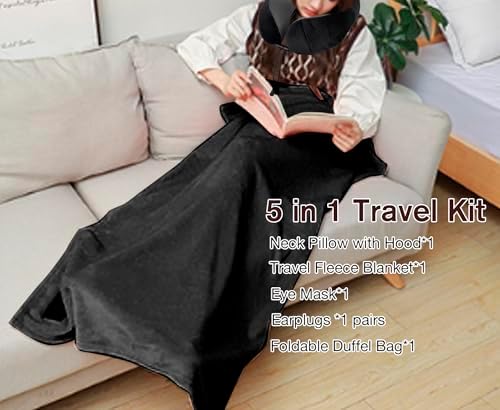 Travel Blanket Pillow Set - Travel Neck Pillow & Blanket for Airplane, Thick Fleece Traval Blanket, Hooded Memory Foam Neck Pillow, Foldable Duffel Bag, Sleep Mask, Earplugs for Plane Travel, Black - Image 3