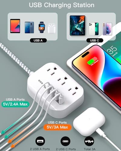 Cruise Ship Essentials - Mifaso Power Strip with USB Ports, 5Ft Flat Extension Cord with Multiple Outlets, USB Charging Station with Non Surge Protector for Cruise Ship, Travel, Dorm Room Essentials - Image 3