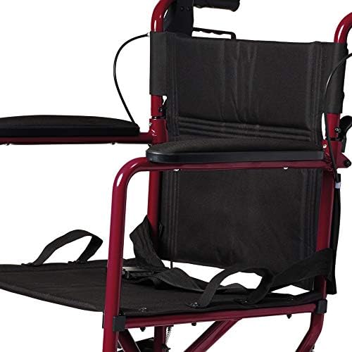 Medline Lightweight Foldable Transport Wheelchair with Handbrakes and 12-Inch Wheels, Red Frame, Black Upholstery - Image 8