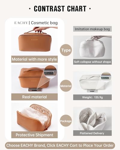 EACHY Travel Makeup Bag,Large Capacity Cosmetic Bags for Women,Waterproof Portable Pouch Open Flat Toiletry Bag Make up Bag with Divider and Handle, Gifts for Women (Brown, Medium) - Image 4