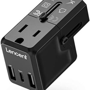 LENCENT International Travel Power Adapter,Mini All-in-One Charger, 2.4A USB, 3.0A Type-C Wall Charger, European Plug Adaptor, Universal Outlet Converter, for US to UK, Japan, EU Europe, Type A/I/G/C