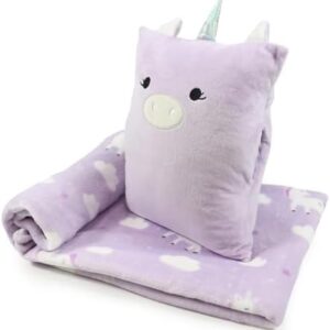 3-in-1 Kids Travel Blanket and Pillow Set, Snuggle Pillow with Hand Warmer, 40x60 inches Unicorn Blanket for Girls Compact, Perfect for Travel, Camping, Home and Office