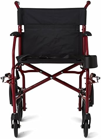 Medline Ultra Lightweight Transport Wheelchair for Adults, Foldable, 19-Inch Seat Width, Red Frame, Black Upholstery - Image 7
