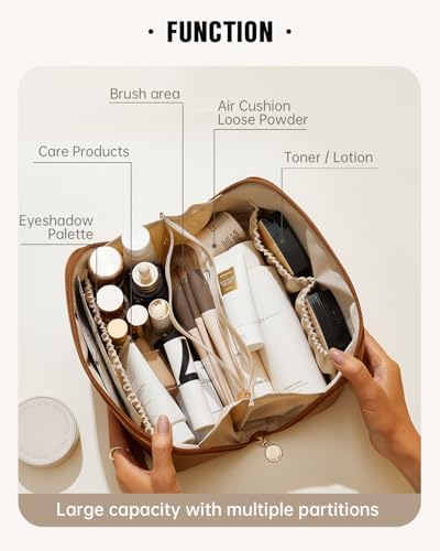 EACHY Travel Makeup Bag,Large Capacity Cosmetic Bags for Women,Waterproof Portable Pouch Open Flat Toiletry Bag Make up Bag with Divider and Handle, Gifts for Women (Brown, Medium) - Image 2
