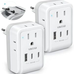 2 Pack European Travel Plug Adapter, VINTAR Foldable International Power Adapter with 4 AC Outlets 3 USB Ports(2 USB C), Type C Adaptor Charger for US to Most of Europe EU Italy Spain France Iceland