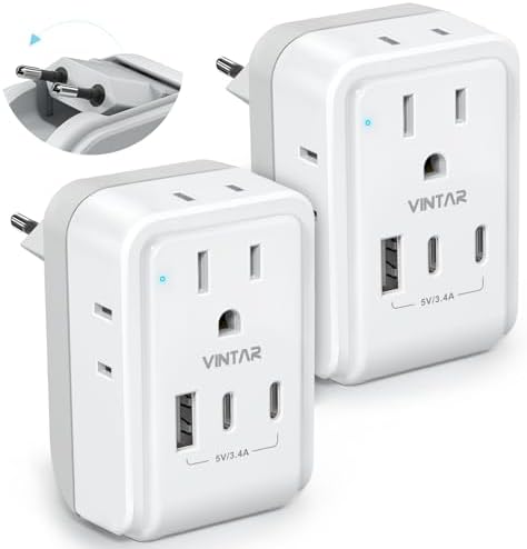 2 Pack European Travel Plug Adapter, VINTAR Foldable International Power Adapter with 4 AC Outlets 3 USB Ports(2 USB C), Type C Adaptor Charger for US to Most of Europe EU Italy Spain France Iceland