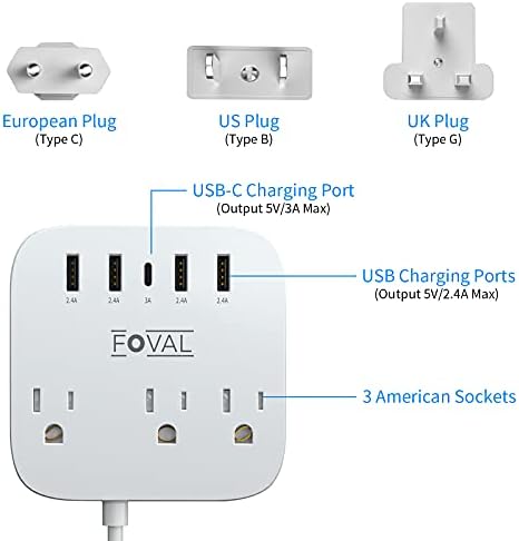 European Travel Plug Adapter, FOVAL EU UK US Power Strip with USB C and 4 USB Ports, 3 AC Outlets, Wall Mountable, 5ft Extension Cord, Compact for Travel, Cruise Ship, Home Office (White) - Image 3