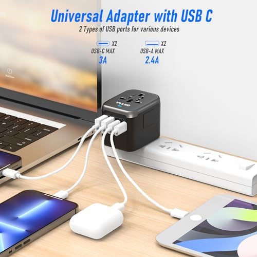 Universal International Power Travel Plug Adapter, 5 in 1 European Travel Plug Adapter W/ 3.5A 2xUSB-A and 2xUSB C Wall Charger and Worldwide AC Outlet for Europe USA UK AUS Asia (Black Grey) - Image 2