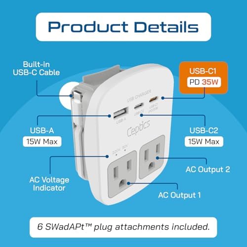 Ceptics Universal Travel Adapter Kit - 2 USB, USB-C Cord+2 US Outlets QC 3.0, Surge Protection, Plugs for Europe, UK, China, Australia, Japan - Perfect for Laptop, Cell Phones, Cameras,Safe ETL Tested - Image 3