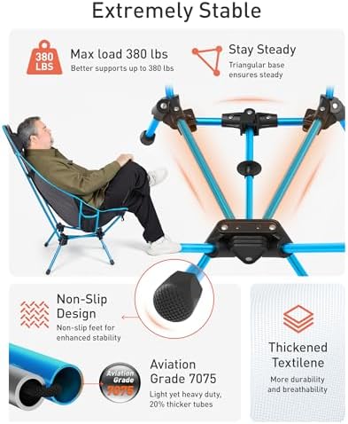 TOURIT Portable Folding Camping Backpack Chair with Head Support, High Back Stable Compact Outdoor Chair for Beach Picnic Travel Hiking, Supports 380 Lbs, Black - Image 5