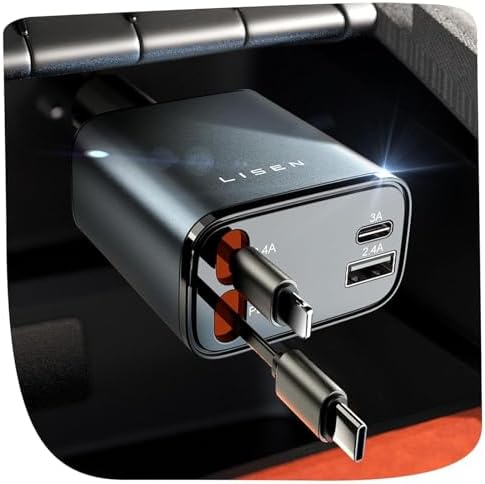 LISEN Retractable Car Charger, 69W USB C Car Accessories Adapter for iPhone 16 USB C Charger Fast Charging, Fathers Day for Gifts, Travel Essentials Gifts for Women Men, for iPhone 16 15 14 13 12