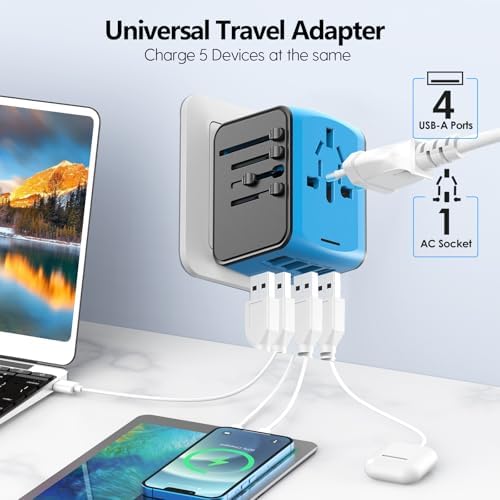 International Travel Adapter Universal Power Adapter Worldwide All in One 4 USB-A Ports Perfect for European US, EU, UK, AU 200+ Countries (Blue) - Image 2