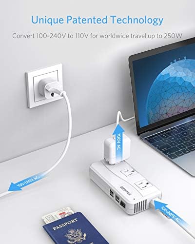 BESTEK International Power Adapter 250W, 220V to 110V Step Down Travel Voltage Converter with 4-Port USB Including US/AU/EU/UK//India/South Africa Plug Adapter (White) - Image 3