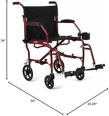Medline Ultra Lightweight Transport Wheelchair for Adults, Foldable, 19-Inch Seat Width, Red Frame, Black Upholstery - Image 8