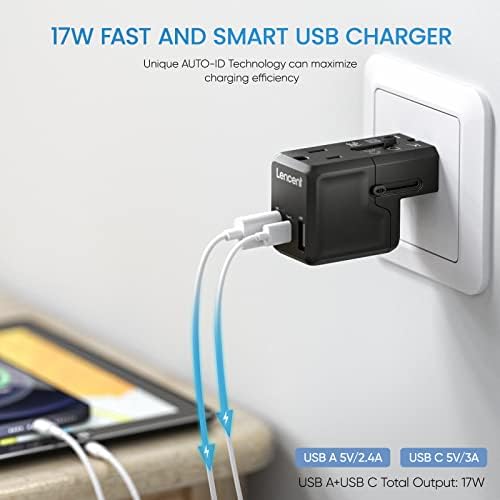 LENCENT International Travel Power Adapter,Mini All-in-One Charger, 2.4A USB, 3.0A Type-C Wall Charger, European Plug Adaptor, Universal Outlet Converter, for US to UK, Japan, EU Europe, Type A/I/G/C - Image 6