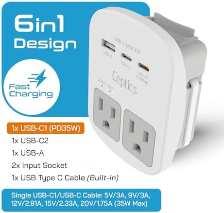 Ceptics Universal Travel Adapter Kit - 2 USB, USB-C Cord+2 US Outlets QC 3.0, Surge Protection, Plugs for Europe, UK, China, Australia, Japan - Perfect for Laptop, Cell Phones, Cameras,Safe ETL Tested - Image 2