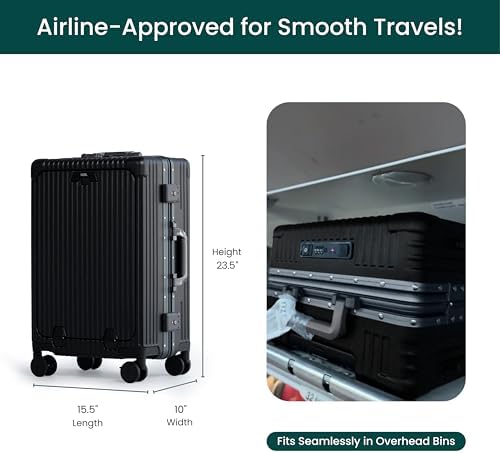 Nobl Travel Carry On Luggage, Noble Zipperless Aluminum Frame PC Hard Shell Suitcase, 23.5x15.5x10 Airline Approved, 360° Spinner Wheels, TSA Locks, USB Charging Port, Cup & Phone Holder - Black - Image 4