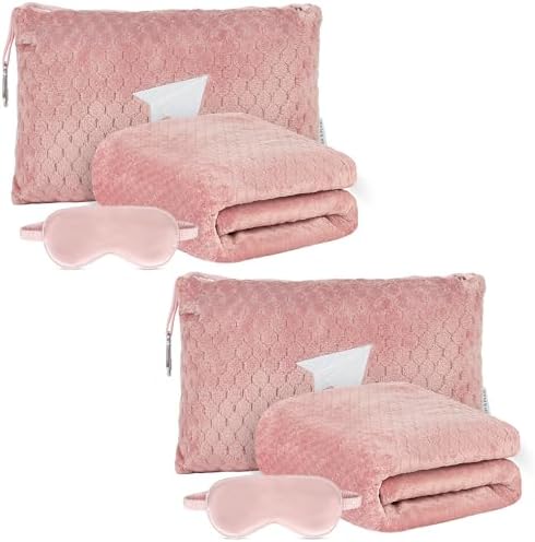 Plush & Plaid 2-Pack Travel Blanket Airplane Compact with Bag, Mid-Weight Soft Throw Blanket Pillow for Long/Short Flight, Portable Packable with Luggage Sleeve and Backpack Clip, 40x65, Pink