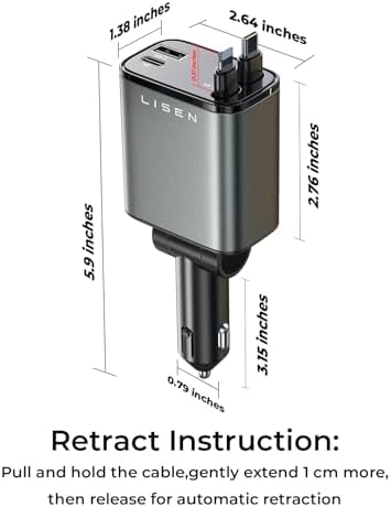 LISEN Retractable Car Charger, 69W USB C Car Accessories Adapter for iPhone 16 USB C Charger Fast Charging, Fathers Day for Gifts, Travel Essentials Gifts for Women Men, for iPhone 16 15 14 13 12 - Image 6