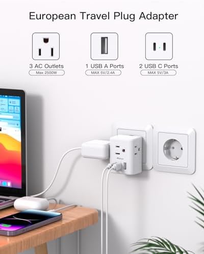 2 Pack European Travel Plug Adapter, International Power Plug Adapter with 3 Outlets 3 USB Charging Ports(2 USB C), Type C Plug Adapter Travel Essentials to Most Europe EU Spain Italy France Germany - Image 2