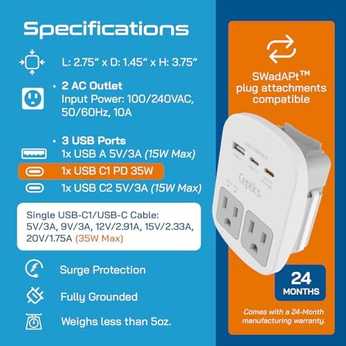Ceptics Universal Travel Adapter Kit - 2 USB, USB-C Cord+2 US Outlets QC 3.0, Surge Protection, Plugs for Europe, UK, China, Australia, Japan - Perfect for Laptop, Cell Phones, Cameras,Safe ETL Tested - Image 4