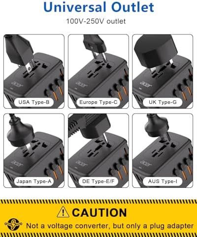 Acer Universal Travel Plug Adapter - International Power Adapter with 5 USB Ports (3 USB C) 5.8A, Worldwide Outlet Charger for USA to European UK France Germany Spain, Type C/E/F/G/I/L/A, Black - Image 5