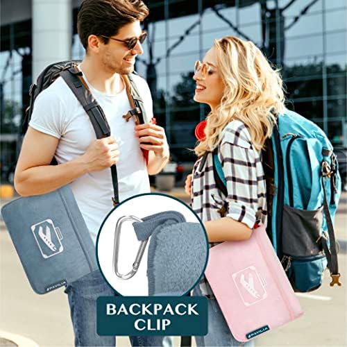 PAVILIA Travel Blanket Pillow in Soft Bag with Pockets, Airplane Blanket Set, Plane Blanket Compact Packable, Flight Essentials Car Pillow, Travelers Accessories Gifts, Luggage Strap, Dusty Light Blue - Image 4