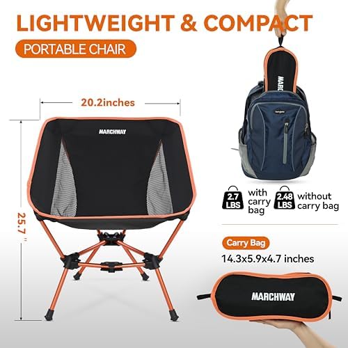 MARCHWAY Lightweight Folding Camping Chair, Stable Portable Compact for Outdoor Camp, Travel, Beach, Picnic, Festival, Hiking, Backpacking, Supports 330Lbs (Orange) - Image 3