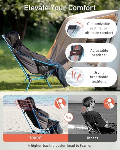 TOURIT Portable Folding Camping Backpack Chair with Head Support, High Back Stable Compact Outdoor Chair for Beach Picnic Travel Hiking, Supports 380 Lbs, Black - Image 3
