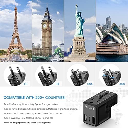 LENCENT International Travel Power Adapter,Mini All-in-One Charger, 2.4A USB, 3.0A Type-C Wall Charger, European Plug Adaptor, Universal Outlet Converter, for US to UK, Japan, EU Europe, Type A/I/G/C - Image 2
