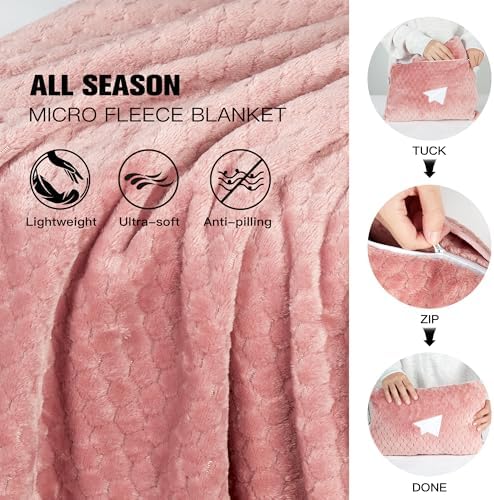 Plush & Plaid 2-Pack Travel Blanket Airplane Compact with Bag, Mid-Weight Soft Throw Blanket Pillow for Long/Short Flight, Portable Packable with Luggage Sleeve and Backpack Clip, 40x65, Pink - Image 3