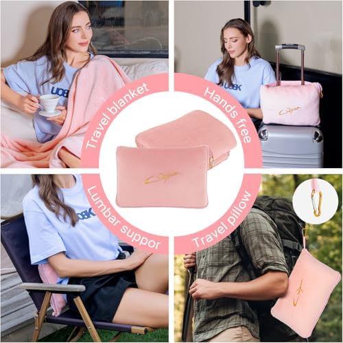 3 in 1 Travel Pillow and Blanket Set, Premium Soft 300 GSM Thick Airplane Blanket Compact with Bag for Long Trips Essentials, Hand Luggage Sleeve and Backpack Clip (Pink) - Image 2