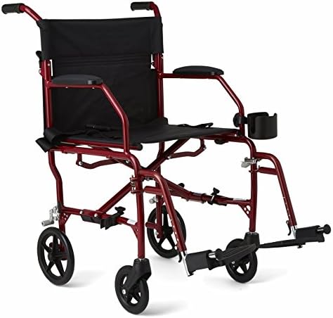 Medline Ultra Lightweight Transport Wheelchair for Adults, Foldable, 19-Inch Seat Width, Red Frame, Black Upholstery