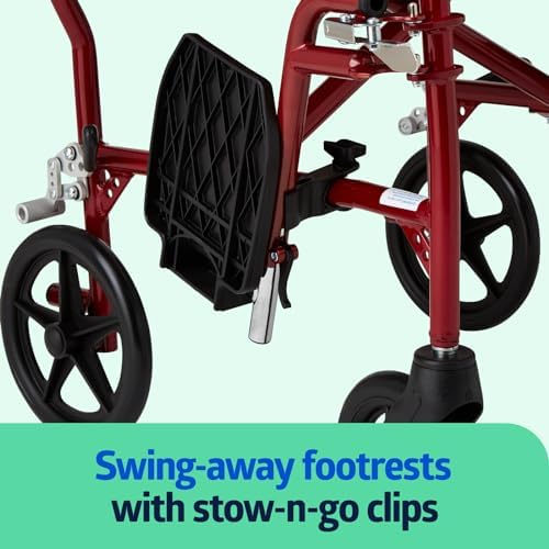 Medline Ultra Lightweight Transport Wheelchair for Adults, Foldable, 19-Inch Seat Width, Red Frame, Black Upholstery - Image 5