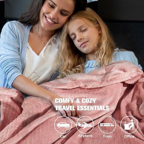 Plush & Plaid 2-Pack Travel Blanket Airplane Compact with Bag, Mid-Weight Soft Throw Blanket Pillow for Long/Short Flight, Portable Packable with Luggage Sleeve and Backpack Clip, 40x65, Pink - Image 6