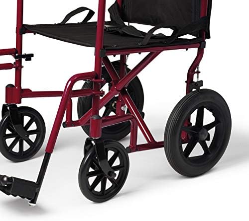 Medline Lightweight Foldable Transport Wheelchair with Handbrakes and 12-Inch Wheels, Red Frame, Black Upholstery - Image 7